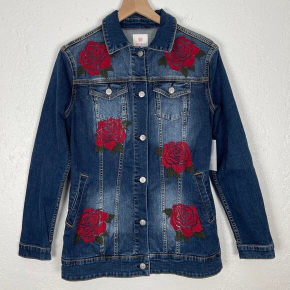 LuLaRoe Jaxon Floral Rose Embroidered Denim Jean Jacket NWT Size Small - Picture 1 of 3